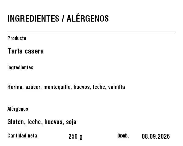 Vista previa de Etiqueta de alérgenos e ingredientes