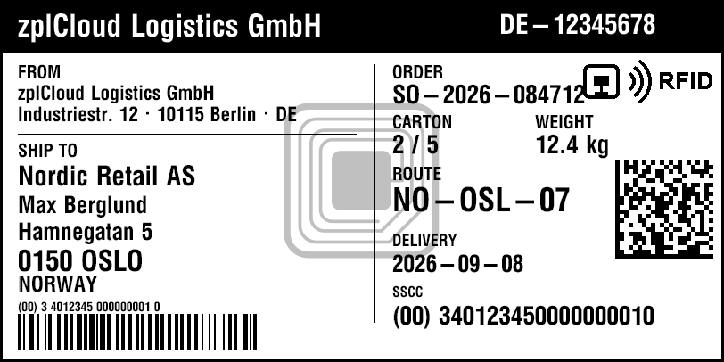 GS1 shipping label with RFID · 102 × 51 mm · 203 dpi